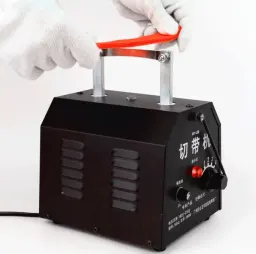 Máquina de corte en caliente eléctrica manual con temperatura regulable para textiles y bandas elásticas.