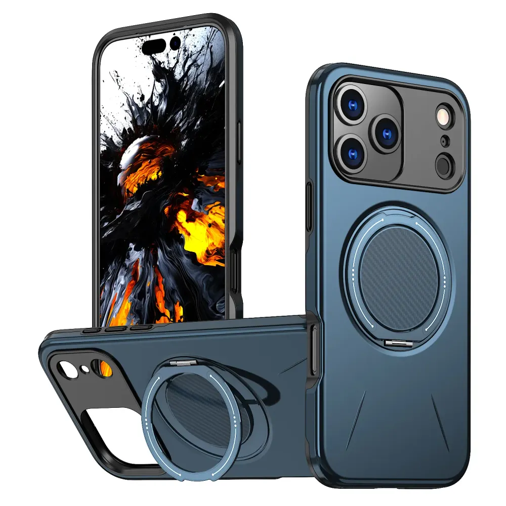 Novo Capa de telemóvel para iPhone 17 Pro Max, Capa magnética à prova de choque com suporte de amortecimento rotativo de 360°