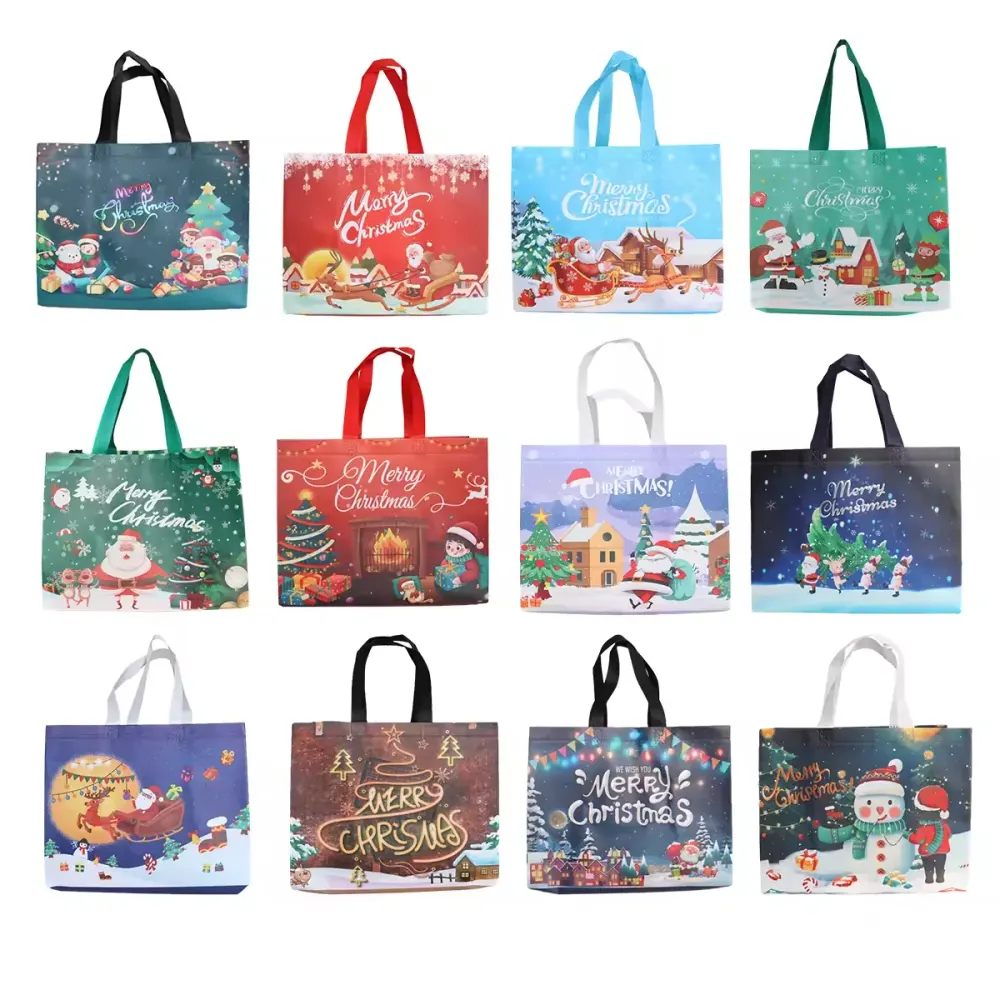 Saco de presente de Natal de luxo em stock, com asa, saco de Natal  Feliz Natal , vários estilos para escolher, preço de fábrica promocional