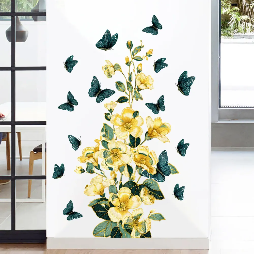 Adesivo de parede criativo de videiras de flores e borboletas para decoração de quarto, sala de estar e sala de estudo