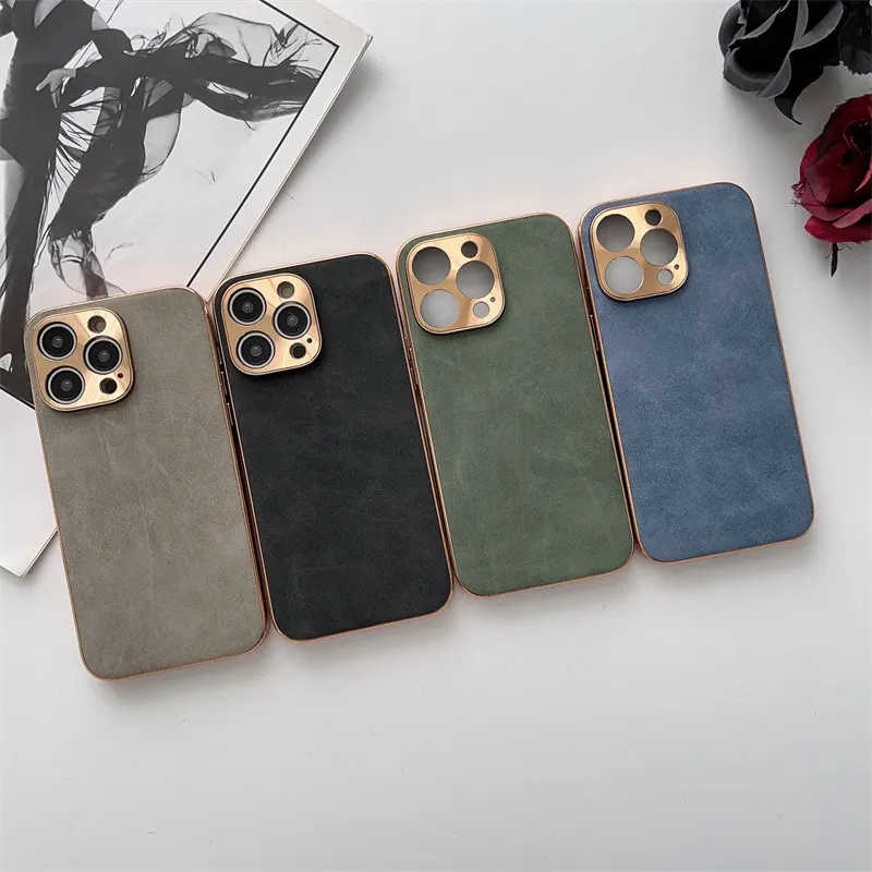 حافظة هاتف من جلد الخروف المطلي للهاتف iPhone 15، مع عدسة معدنية للهاتف iPhone 14، غلاف واقي مضاد للسقوط