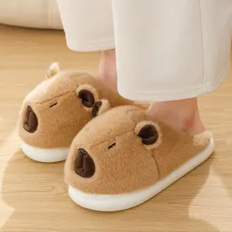 Chinelos de Algodão Capivara para Mulheres, Outono/Inverno 2024, Casa Interior, Base Grossa, Pelúcia, Quentes, Antiderrapantes, Desenho de Desenho Animado Fofo
