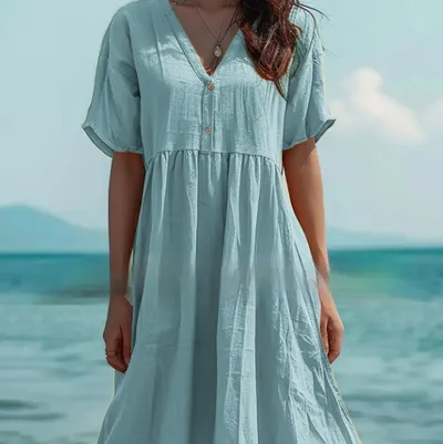 Vestido de algodão e linho, manga curta, cor sólida, grande balanço, novo primavera verão, transversal europeu e americano, comércio exterior, na Amazon, em estoque, para mulheres 2024