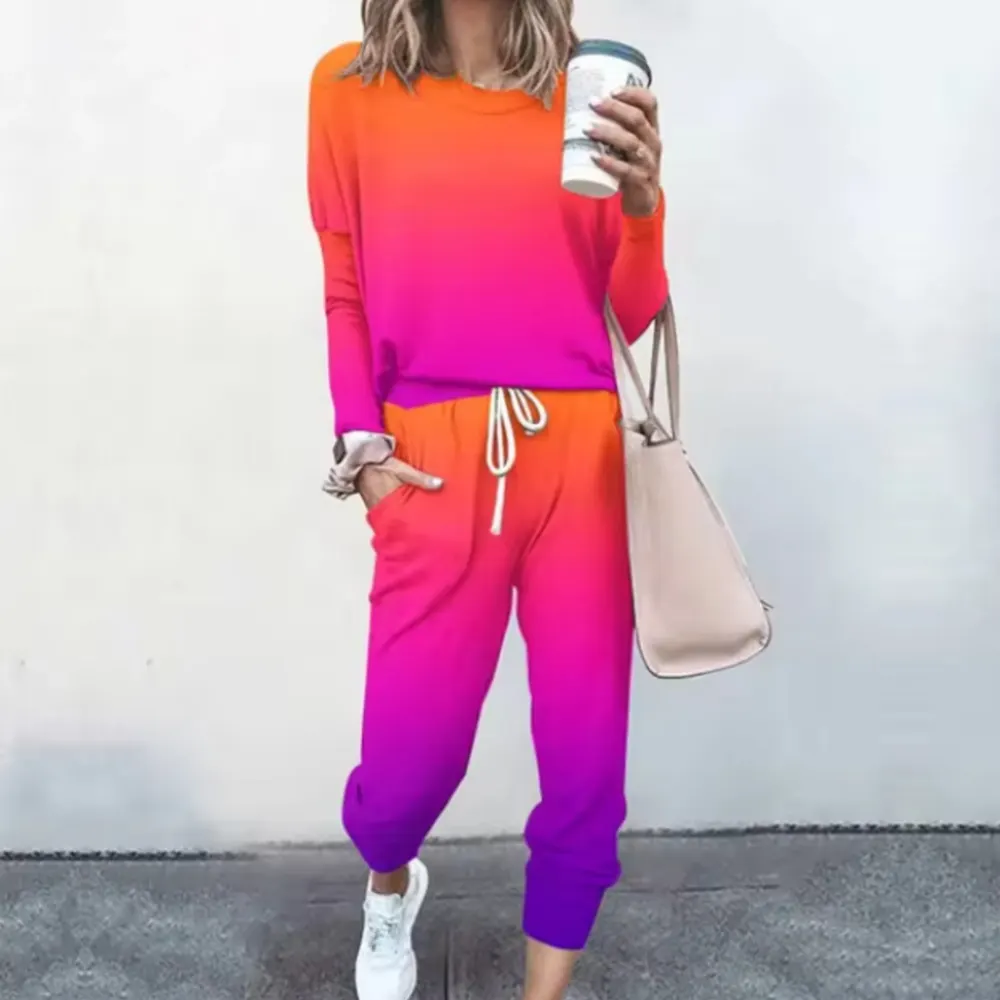 Conjunto de manga comprida casual com gradiente, novo para primavera e verão para mulheres europeias e americanas, bestseller em eBay, lojas independentes e Wish