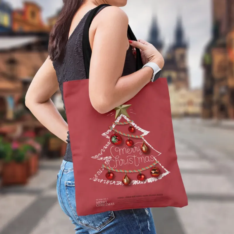 Bolsa com Fecho, Padrão de Pinheiro de Natal em Fundo Vermelho, Bolsa Personalizada, Saco de Mão, Saco de Ombro, Saco de Compras, Saco para Computador