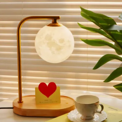 Luminária de mesa LED de lua impressa em 3D, luminária de cabeceira para quarto, luminária de luxo, carregamento sem fio para telemóvel, presente para raparigas, luminária de madeira sólida