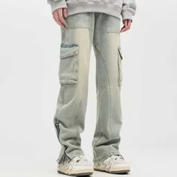 Flerfickig högkvalitativ arbetsjeans för män, lös och trendig retro-modell för vår och höst