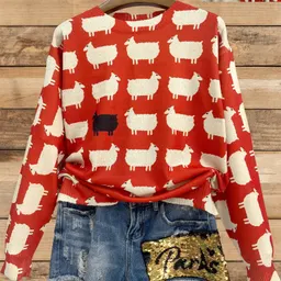 Top de moda casual solto de tricot com gola redonda, manga comprida, padrão estampado não crocheado