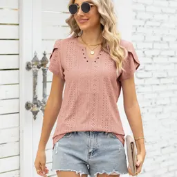 T-shirt de Manga Curta, Modelo Solto, Hueco, Botão, Decote V, Moderna para Mulheres