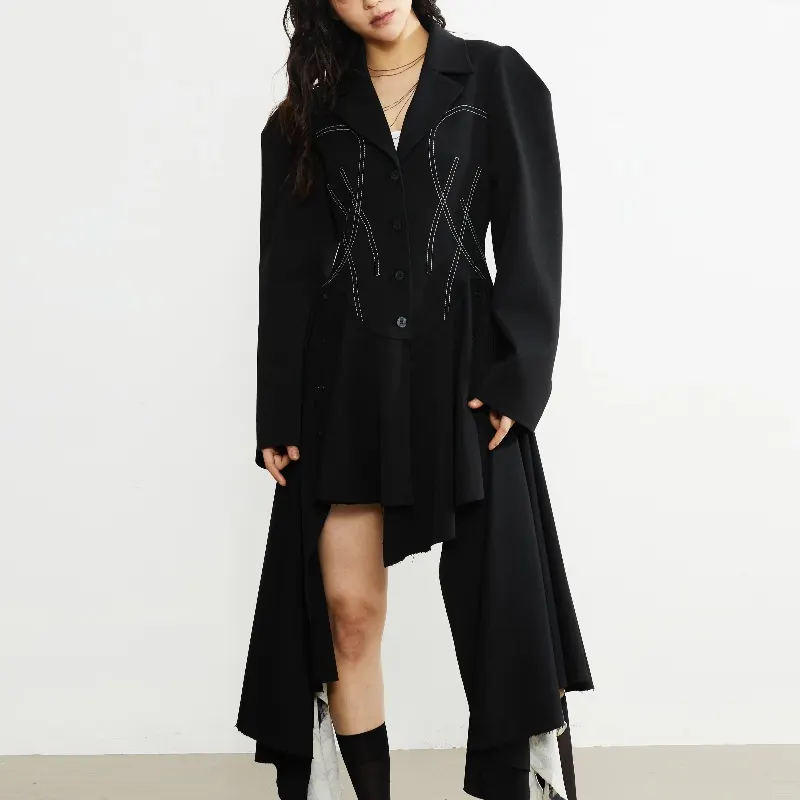 Blazer oversized com decoração de bainha irregular e estilo retrô, casaco longo