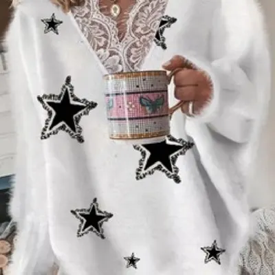 Européisk-amerikansk tröja för kvinnor, fashionabel V-ringad, spets, stjärna och pentagrammönster, stickad topp