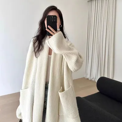 Casaco de malha de comprimento médio feminino, para outono e inverno, grosso, solto, com efeito de emagrecimento, cardigã de tricot, casaco exterior