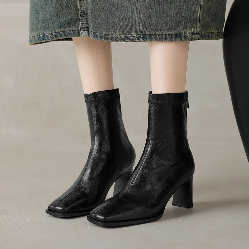 French Retro High Heel Square Toe Chunky Heel Short Boots Elastic Boots