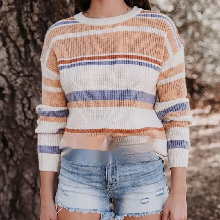 Suéter plus size de malha riscada, de gola redonda, para mulher