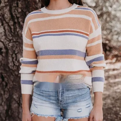 Suéter plus size de malha riscada, de gola redonda, para mulher