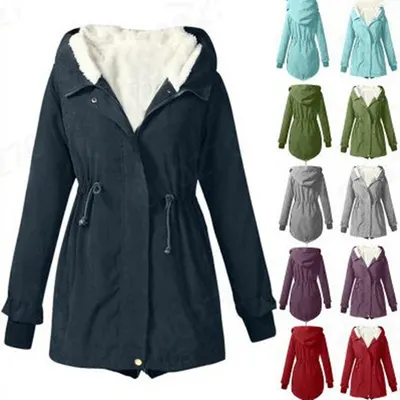 Solid Color Casual Waist-cinching Plush Hooded Windbreaker