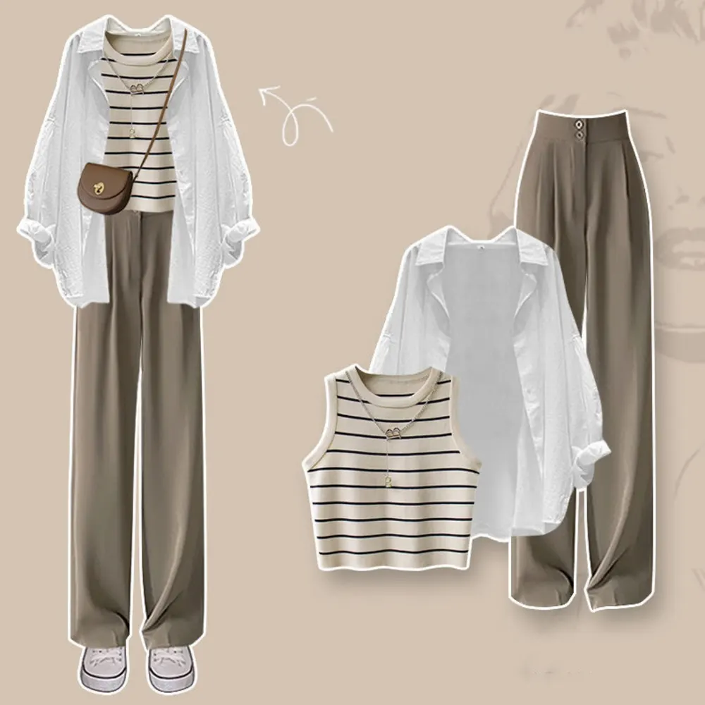Conjunto de três peças de camisa de design exclusivo, colete listrado e calças de pernas largas