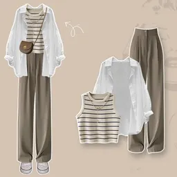 Conjunto de três peças de camisa de design exclusivo, colete listrado e calças de pernas largas