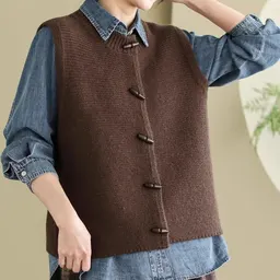 Colete de tricô, colete de botão único, para mulheres, sem mangas, gola redonda, com botões