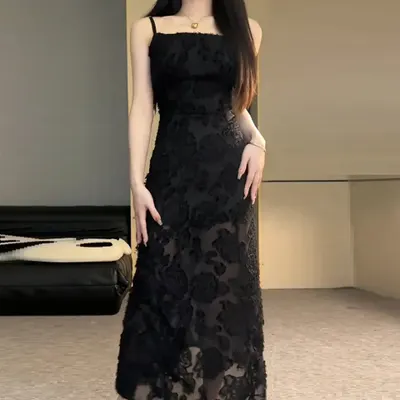ブラックレース キャミソールワンピース 気質 スリミング セクシー ソーシャライト ロングドレス