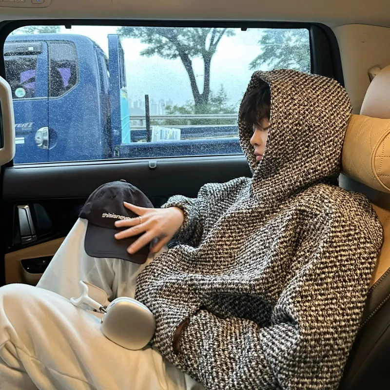 Moletom com capuz para homem, tendência primavera e outono, de tweed pesado, solto, pullover, top de manga comprida versátil