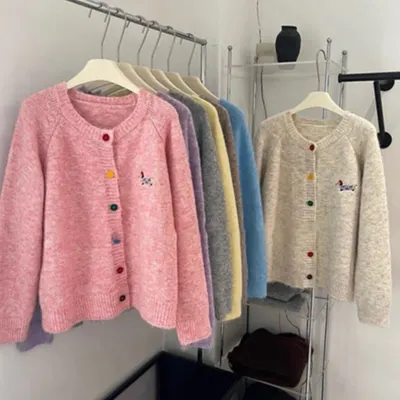ラウンドネック シングルブレスト ダックスフンド刺繍ニットカーディガンセーター レディース