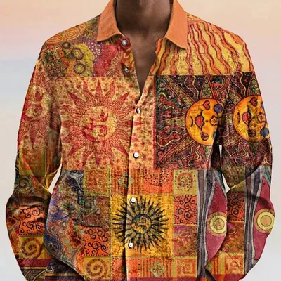 Camisa masculina casual fina, de manga comprida, de cardigã de linho de bambu com estampado digital