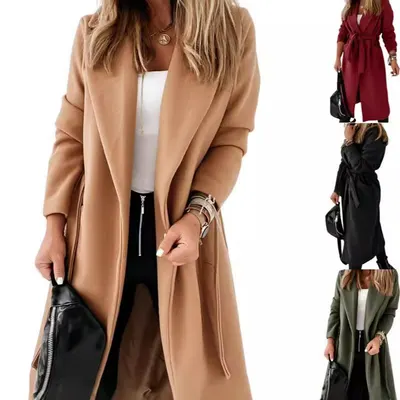 Casaco de lã feminino novo para outono e inverno, com cinto, comprimento extra, para exterior