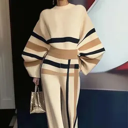 Conjunto fashion casual de manga comprida para mulher, estilo europeu e americano outono/inverno, com cores contrastantes, pulôver e calças de gola redonda