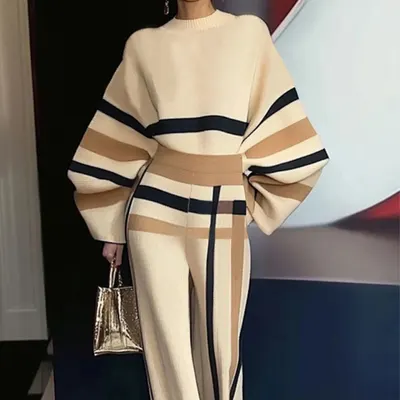 European and American Autumn/Winter Color Block Round Neck Pullover Pants Women s Fashion Casual Long Sleeve Set