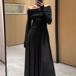 Vestido ombro a ombro de alta gama para mulheres, novo para primavera e outono de 2024, vestido midi elegante e versátil de manga comprida com cintura modeladora