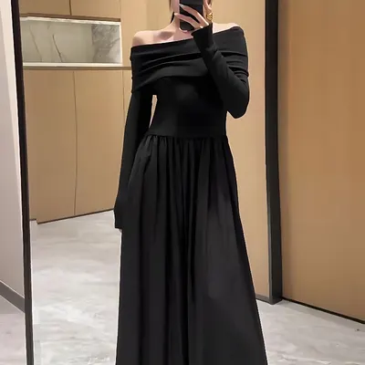 Exklusiv Off-the-Shoulder Klänning för Kvinna Vår Höst 2024 Ny Långärmad Smal Midja Elegant Mångsidig Midjlång Klänning