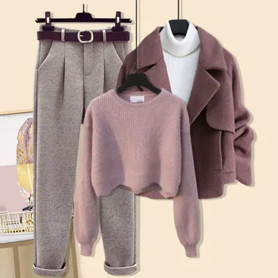 Petite women s wool coat, sweater, pants outfit, one-piece autumn/winter set, three-piece set