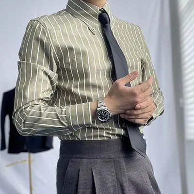 Ny japansk retro mode trend hipster tonåring höst långärrand randig mångsidig skjorta herr lapel litterär
