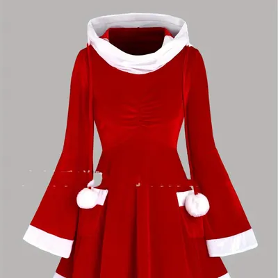 2024 クロスボーダー ヨーロッパとアメリカの秋冬新作 ゴールデンベルベット サンタクロース COS クリスマスパーティー Aライン フード付きドレス