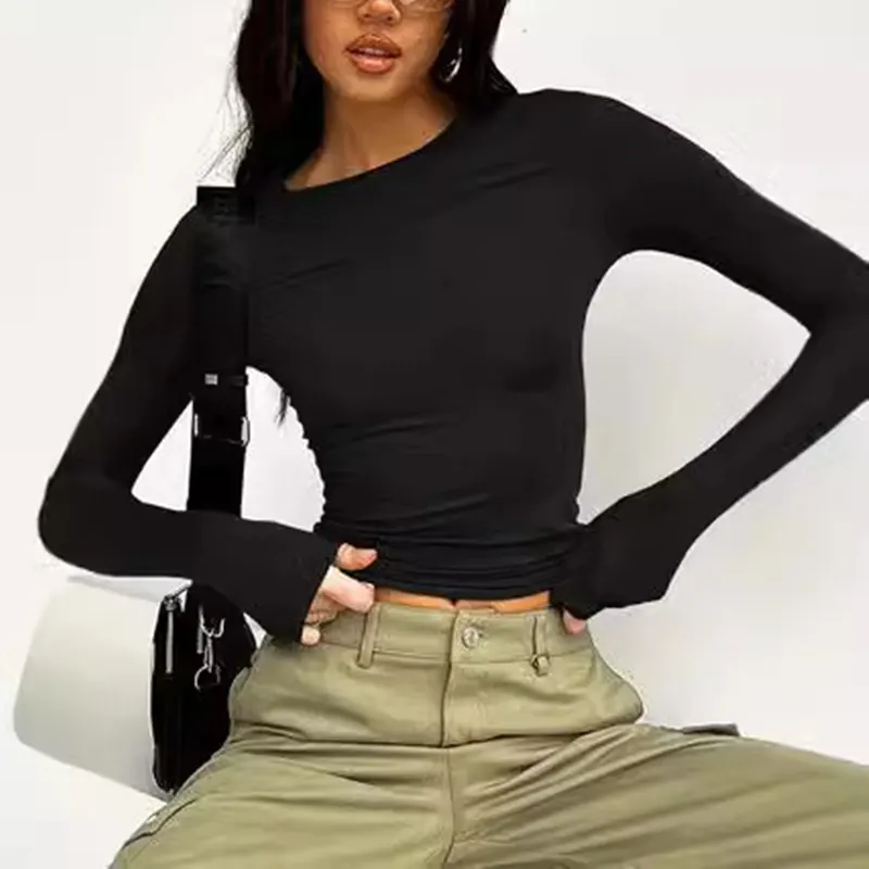 T-shirt básica de manga comprida, gola redonda, casual, de cor sólida, popular na venda transfronteiriça da Amazon para mulheres europeias e americanas, nova de primavera e outono de 2024