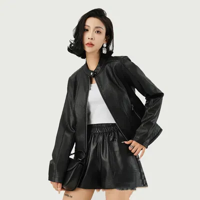 Casaco de couro feminino, casaco exterior de couro estilo motociclista sensual, casaco de couro