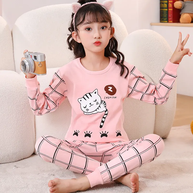 Conjunto de pijamas de algodão puro de outono, vestuário infantil, novo suéter de algodão de gola redonda para primavera, venda por grosso, interior feminino moderno para outono/inverno