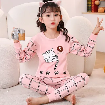 Pure Cotton Autumn Pajamas Set F Children s Clothing Spring Children s Wholesale New Round Neck Cotton Sweater Trendy Autumn/Winter Girls  Innerwear