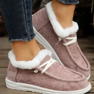 Sapatos Femininos Quentes com Pelos Espessos e Veludo, Baixo Topo, Redondo, Plano, Grande Tamanho, Novo de Inverno Europeu e Americano, Transfronteiriço, Tecido de Algodão Puro