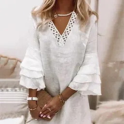 Primavera/Verano Ropa de Mujer Transfronteriza Vestido Blanco de Algodón y Lino con Escote en V, Encaje Empalmado y Manga Tres Cuartos