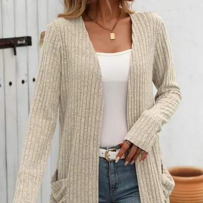 Cardigan com bolso, costuras caneladas e felpudas, casaco de manga comprida