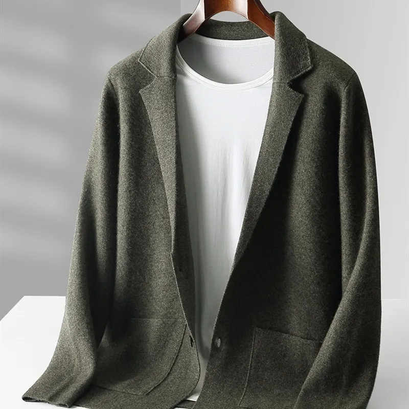 Otoño e Invierno Nuevo Suéter 100% Lana Pura para Hombre, Cárdigan con Cuello en V, Tejido Liso de Lana, Chaqueta Gruesa de Moda