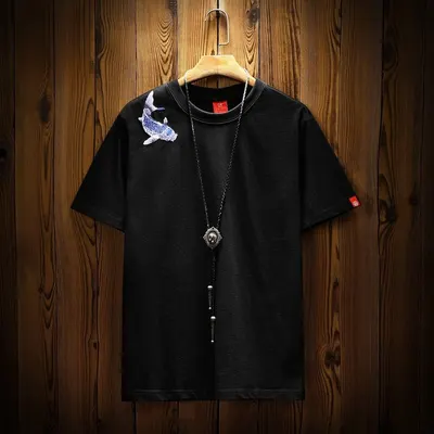 Marca de tendencia 2024 camiseta de manga corta con diseño de estilo chino y bordado de carpas para hombre, camiseta de nicho de estilo chino