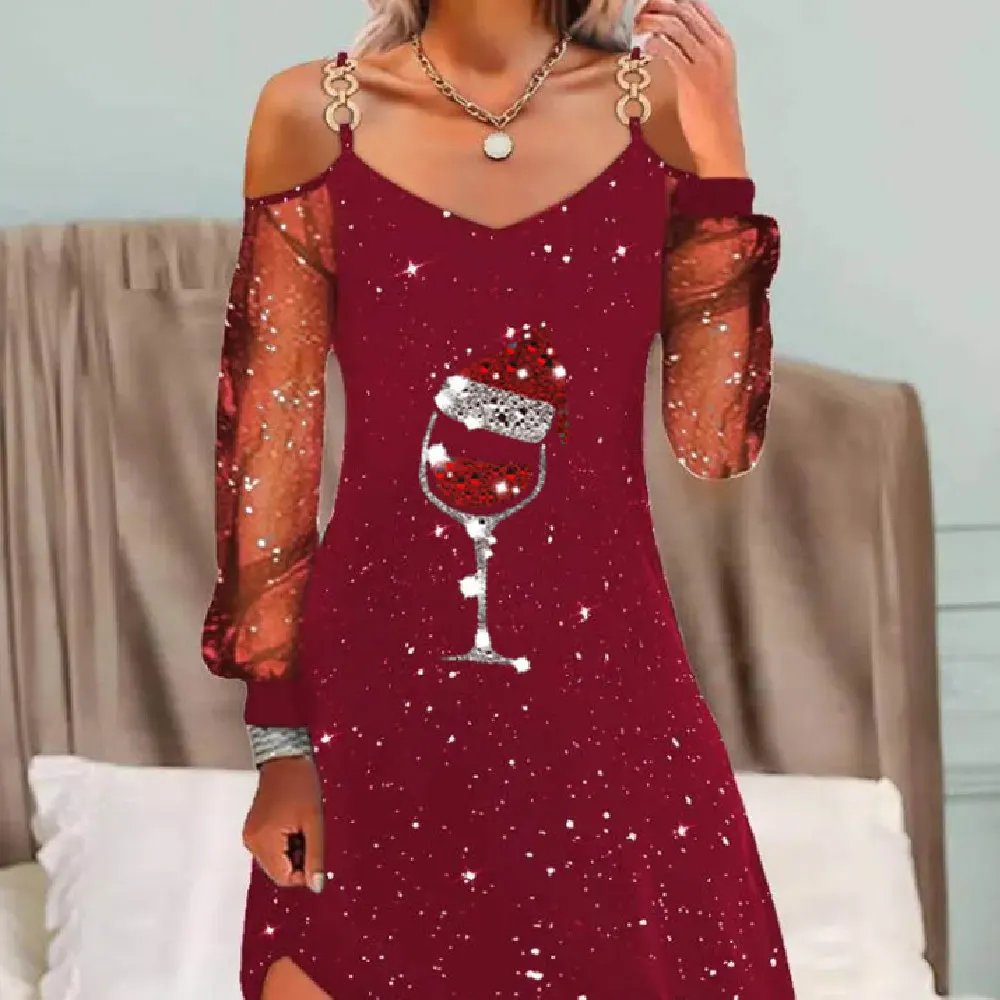 Vestido de alça de malha com estampa de taça de vinho de Natal novo, para mulher, transfronteiriço, Amazon, Wish, site independente