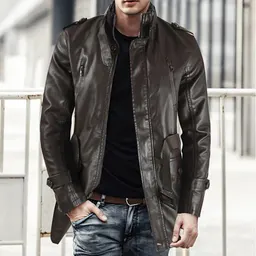 Casaco de couro PU novo para homens, meia comprido, gola alta, com veludo extra, espesso, para outono e inverno