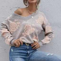Suéter de malha solto para mulheres, novo outono/inverno, estilo europeu e americano, com padrão de rosa