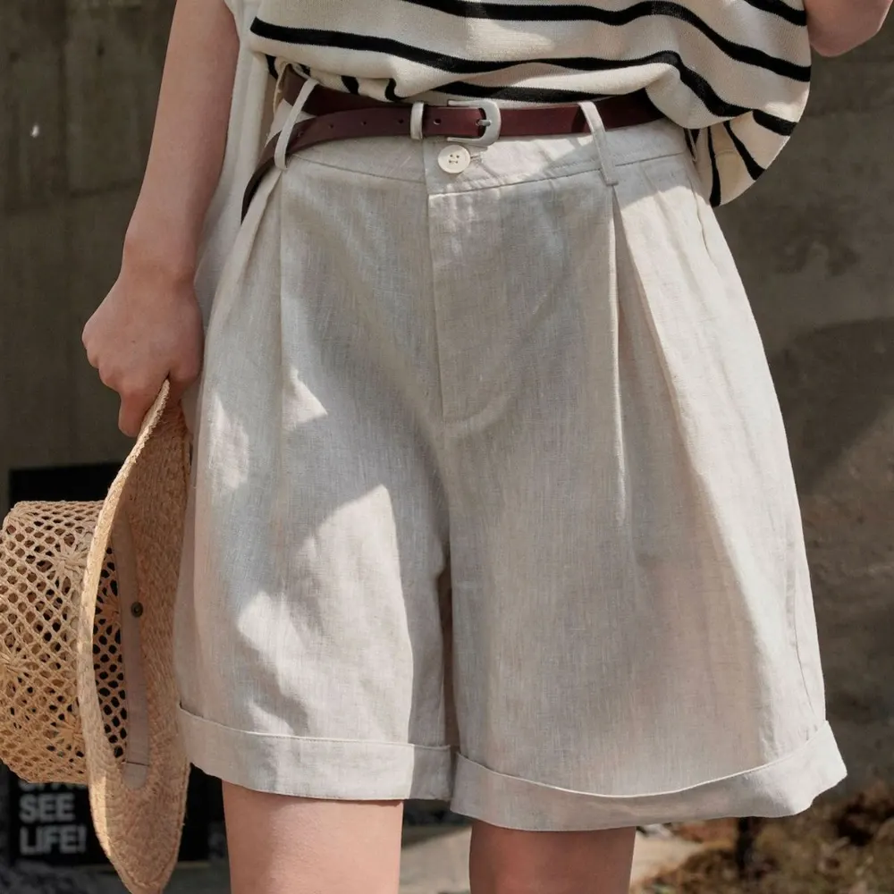 Louvre Sommar Ny Koreansk Dongdaemun Lat Linne Rullad Kant Shorts Vidbenad Lös Avslappnande Snyggande Casual Hotpants Dam