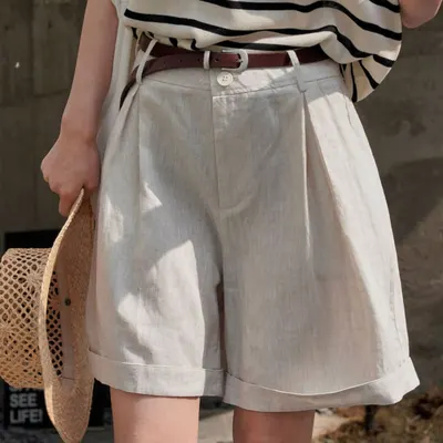 Louvre Verano Nuevo Coreano Dongdaemun Holgado de Lino Perezoso, Dobladillo Enrollado, Pantalones Cortos de Pierna Ancha, Holgados, Adelgazantes, Casuales,  Hot Pants  para Mujer