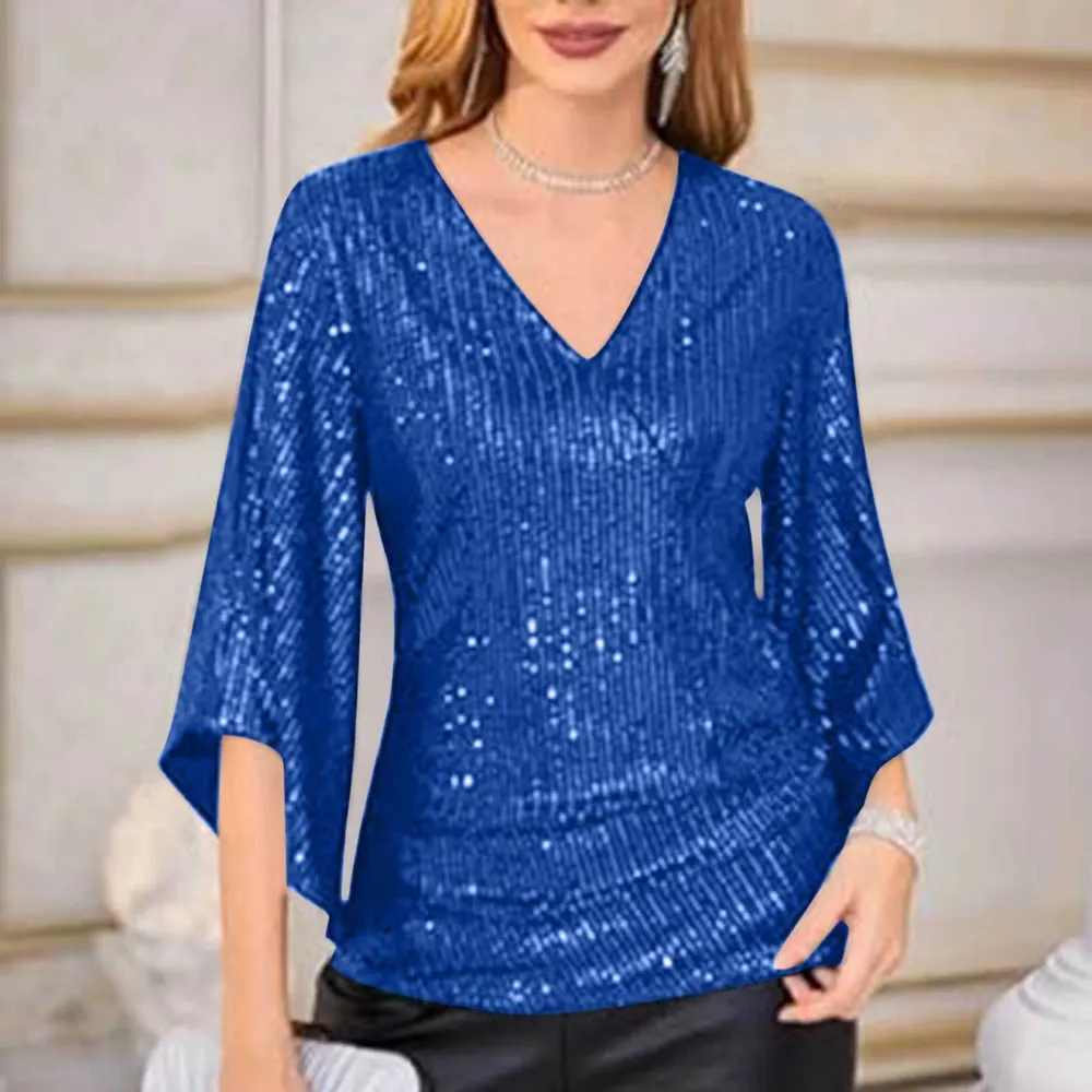 T-shirt com lantejoulas, solta, de comprimento médio, nova de 2023, [foto real] [preço real], para mulher, pulôver de manga curta, em stock, estilo europeu e americano